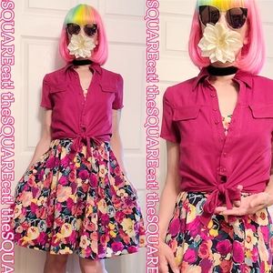 Kanji 🌺 magenta pink short sleeves button down tie up front pin-up retro blouse